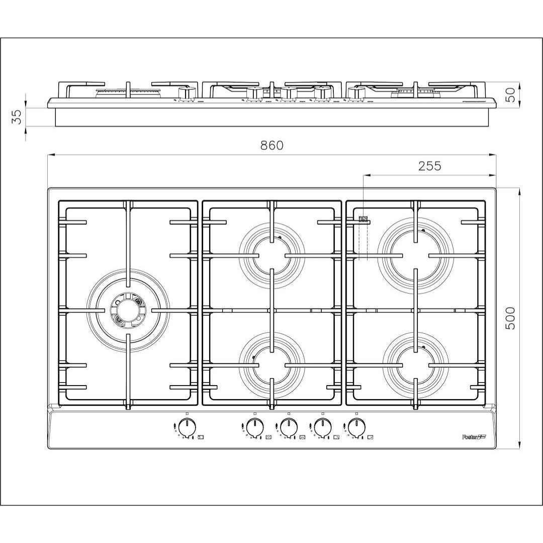FOSTER POWER 7016032 Piano Cottura Gas 5 Fuochi Inox Spazzolato cm. 86 x 50