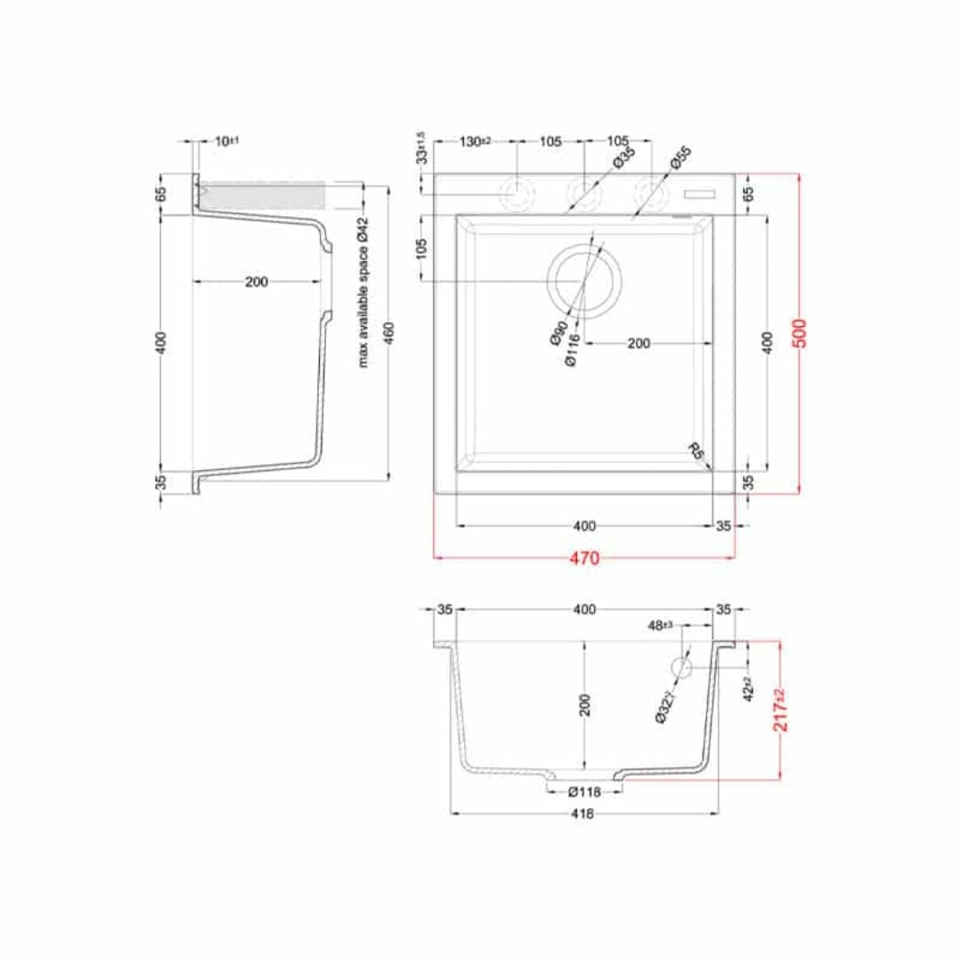 ELLECI QUADRA 102 LGQ10240 Lavello Incasso 1 Vasca Nero Opaco Granitek cm. 47 x 50