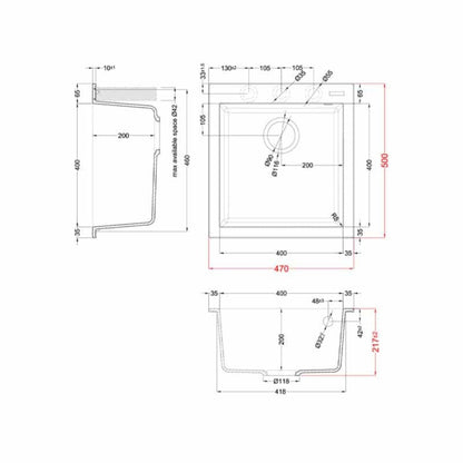 ELLECI QUADRA 102 LGQ10240 Lavello Incasso 1 Vasca Nero Opaco Granitek cm. 47 x 50