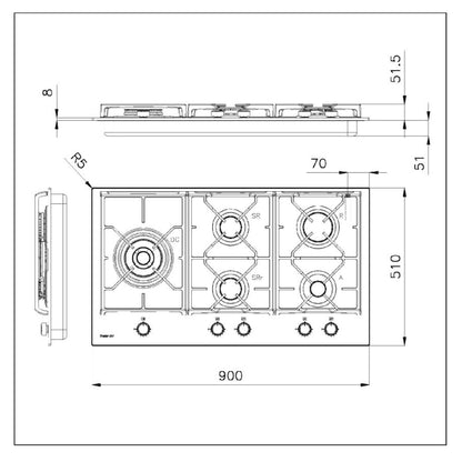 FOSTER POWER 7044632 Piano Cottura 5 Fuochi Griglie Ghisa Tripla Corona Cristallo cm. 90 x 51