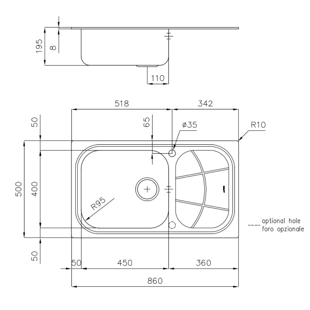 FOSTER BIG BOWL 1561201 Lavello Cucina 1 Vasca Destra Acciaio Incasso Sopratop Gocciolatoio Sx cm. 86 x 50