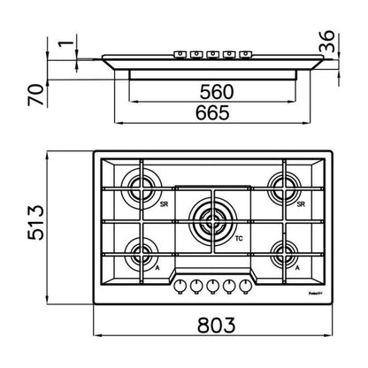 Foster KE 7601632 Piano Cottura 5 Fuochi Gas Inox Pvd Gun Metal cm. 80x51