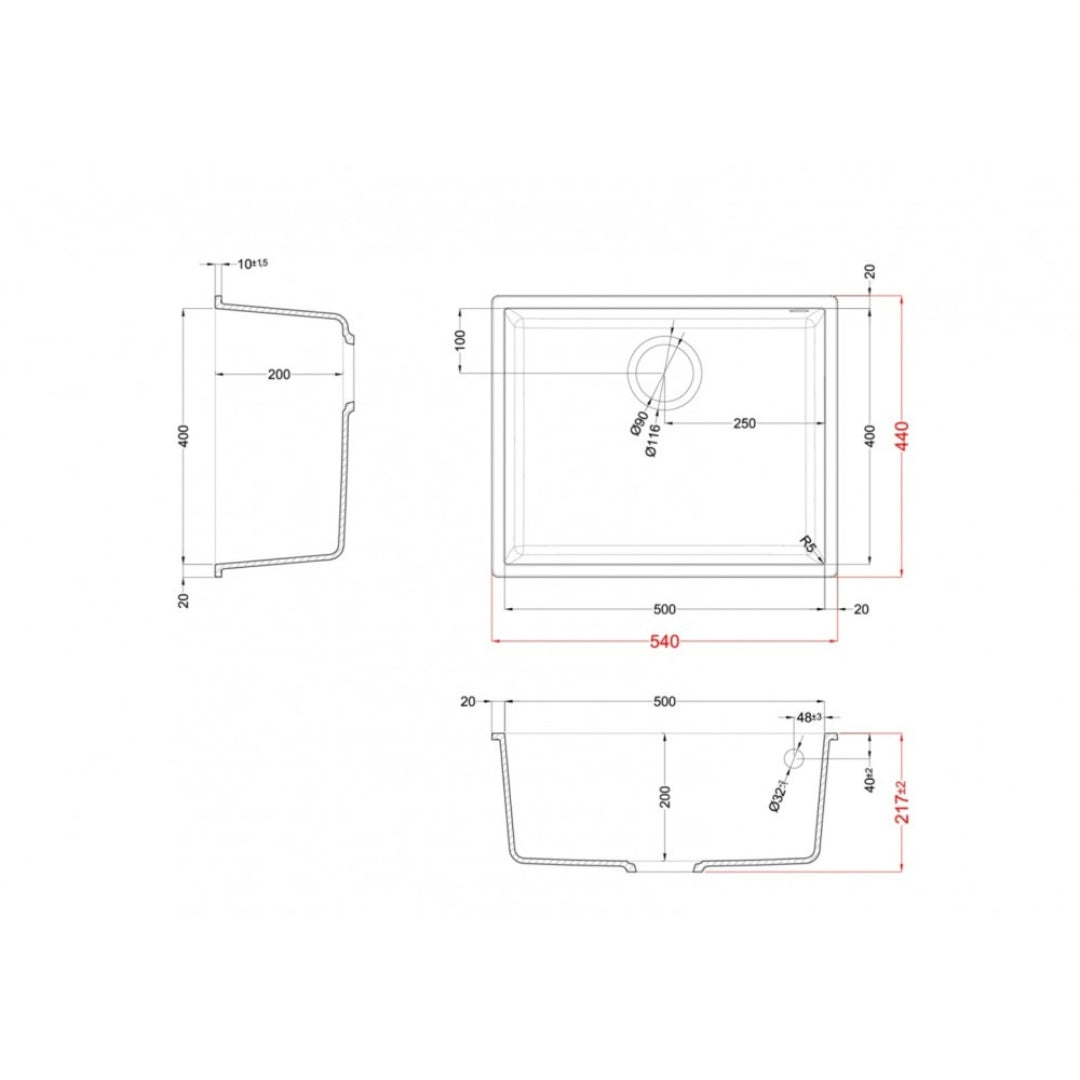 ELLECI QUADRA LGQ10540BSO Lavello Incasso Sottotop 1 Vasca Nero 40 cm. 54 x 44