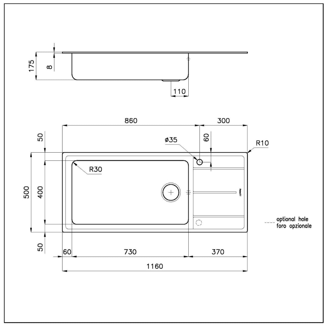 FOSTER EVO 3219051 Lavello 1 Vasca a Destra Gocciolatoio a Sinistra Incasso Sopratop Inox cm. 116 x 50