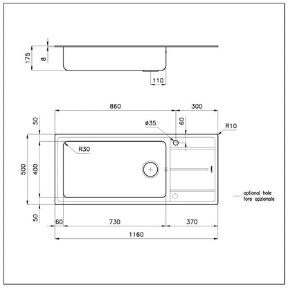 FOSTER EVO 3219051 Lavello 1 Vasca a Destra Gocciolatoio a Sinistra Incasso Sopratop Inox cm. 116 x 50