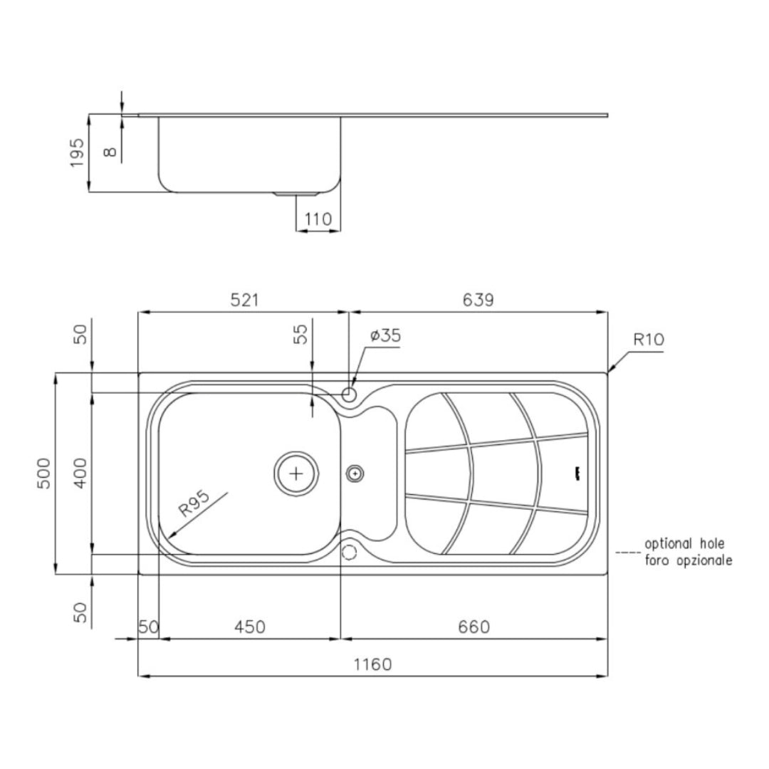 FOSTER BIG BOWL 1513202 Lavello Inox Spazzolato 1 Vasca Sinistra Gocciolatoio Destra Incasso cm. 116 x 50