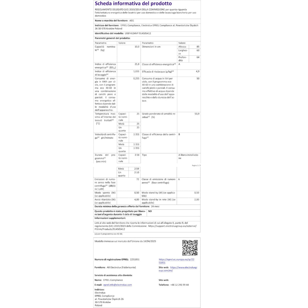 AEG Serie 9000 XLR9FBGA10SY Lavatrice AbsoluteCare 10 kg SoftWater Vapore Igienico cm. 60 x 60