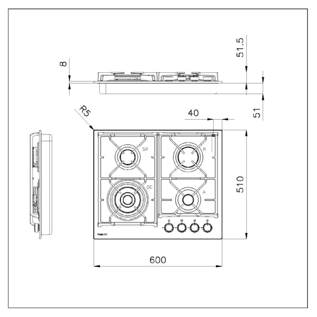 FOSTER POWER GLASS 7041632 Piano Cottura Gas 4 Fuochi Vetro Nero cm. 75 x 51