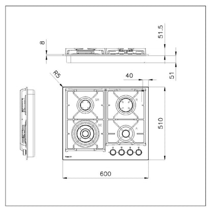 FOSTER POWER GLASS 7041632 Piano Cottura Gas 4 Fuochi Vetro Nero cm. 75 x 51