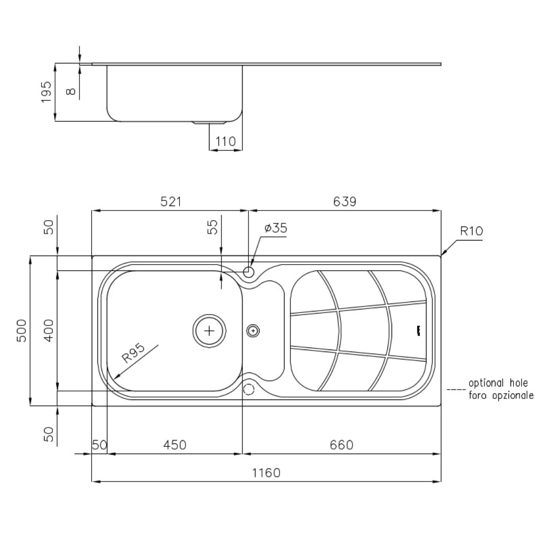 FOSTER BIG BOWL 1513201 Lavello Incasso Sopratop 1 Vasca Destra Gocciolatoio Sinistra Acciaio Inox cm. 116 x 50