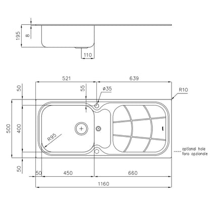 FOSTER BIG BOWL 1513201 Lavello Incasso Sopratop 1 Vasca Destra Gocciolatoio Sinistra Acciaio Inox cm. 116 x 50