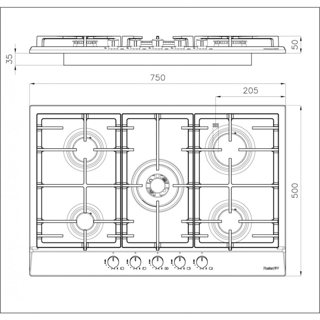 FOSTER POWER 7015032 Piano Cottura 5 Fuochi Gas Valvola Sicurezza Inox cm. 75 X 50