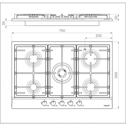 FOSTER POWER 7015032 Piano Cottura 5 Fuochi Gas Valvola Sicurezza Inox cm. 75 X 50