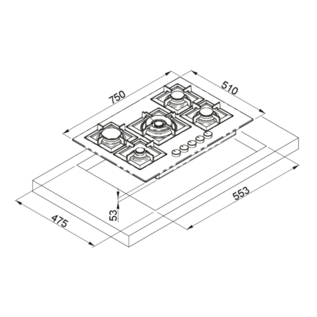 ELLECI PLANO 75 PGSP75148CS Piano Cottura a Gas 5 Fuochi con Wok 4 kW Finitura Cemento Griglie in Ghisa cm. 75 x 51