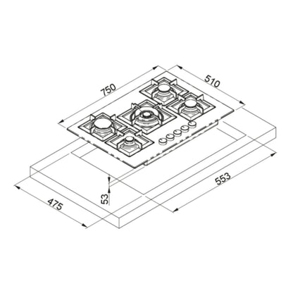 ELLECI PLANO 75 PGSP75148CS Piano Cottura a Gas 5 Fuochi con Wok 4 kW Finitura Cemento Griglie in Ghisa cm. 75 x 51