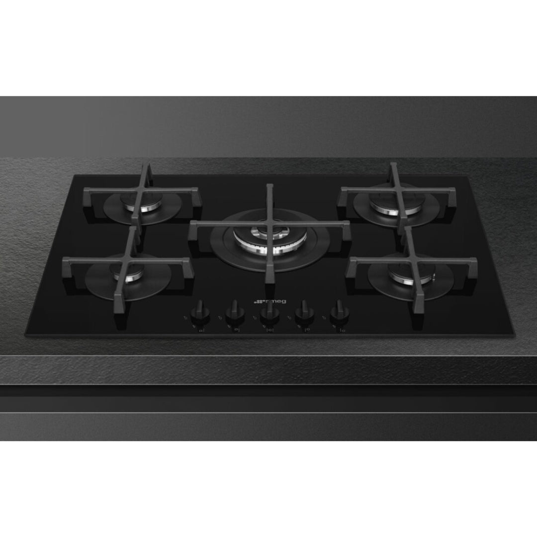 SMEG PV275B Piano Cottura 5 Fuochi Griglie Ghisa Vetro Semifilo Nero cm. 72 x 51