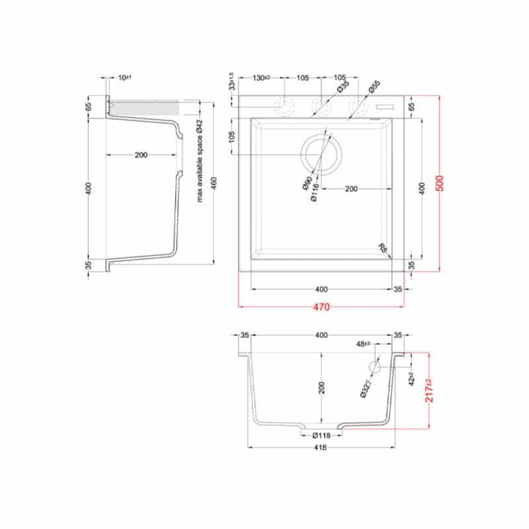 ELLECI QUADRA 102 LGQ10240 Lavello Incasso 1 Vasca Nero Opaco Granitek cm. 47 x 50