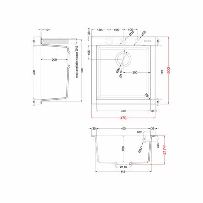 ELLECI QUADRA 102 LGQ10240 Lavello Incasso 1 Vasca Nero Opaco Granitek cm. 47 x 50
