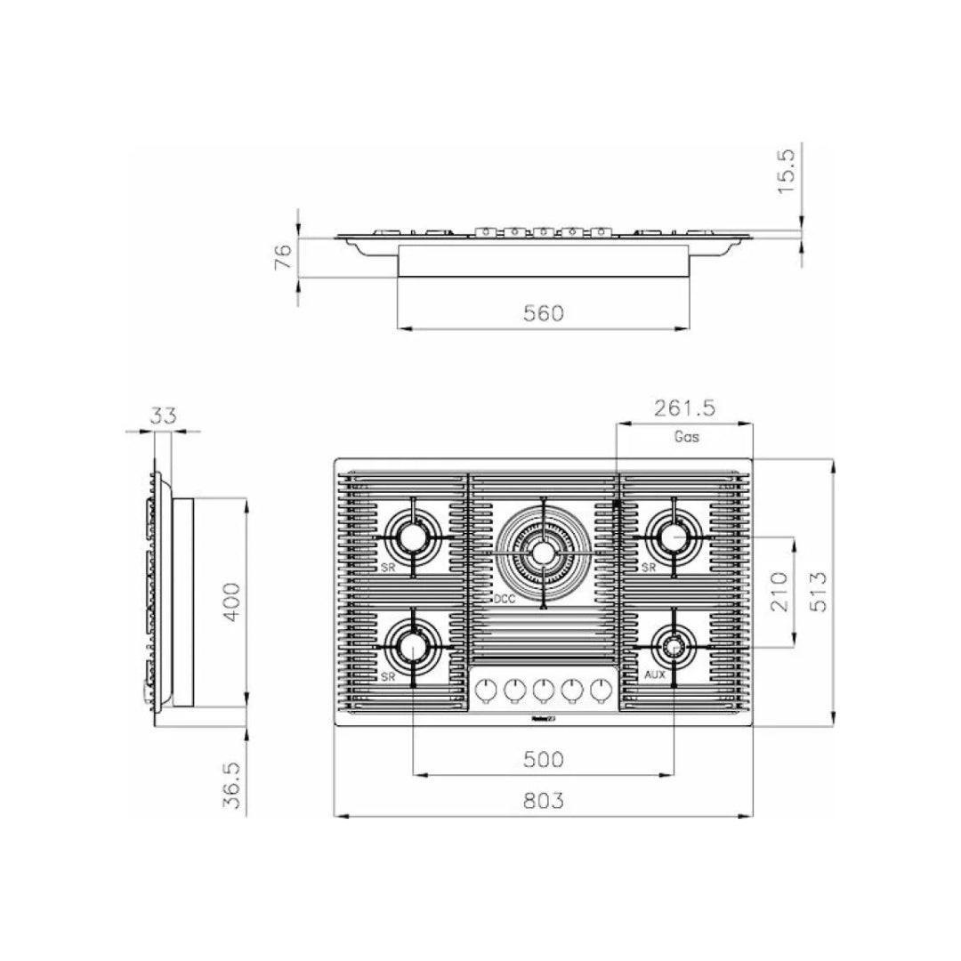Foster 7682000 Milanello Piano Cottura a Gas 5 Fuochi Inox Spazzolato cm 80 x 50