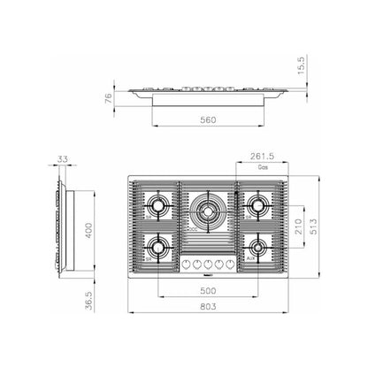 Foster 7682000 Milanello Piano Cottura a Gas 5 Fuochi Inox Spazzolato cm 80 x 50