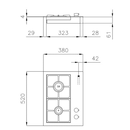 FOSTER S4000 7276032 Piano Cottura Cucina Gas 2 Fuochi Incasso Inox cm. 52 x 38