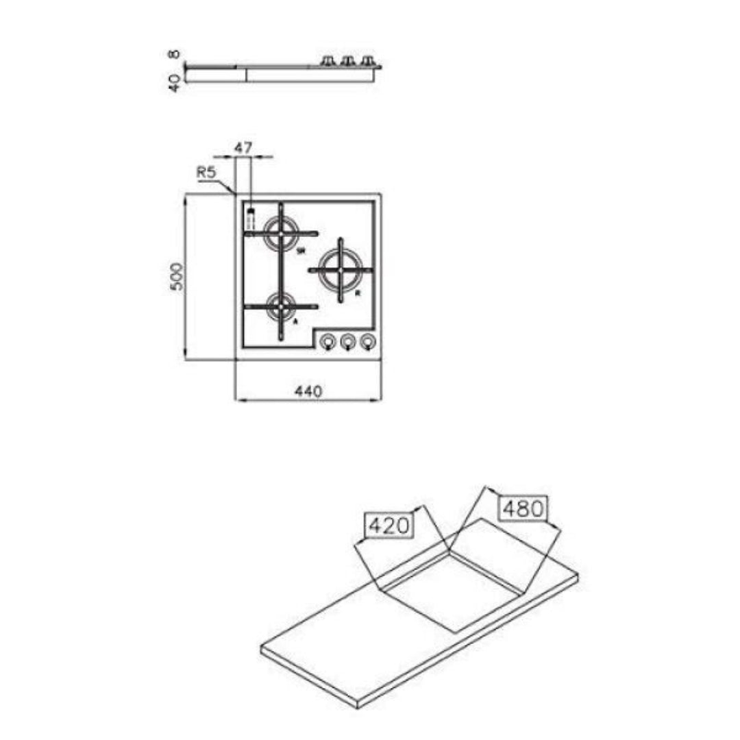 FOSTER VERONICA 7063052 Piano Cottura 3 Fuochi Inox Spazzolato Valvola Sicurezza Gas cm. 44 x 50