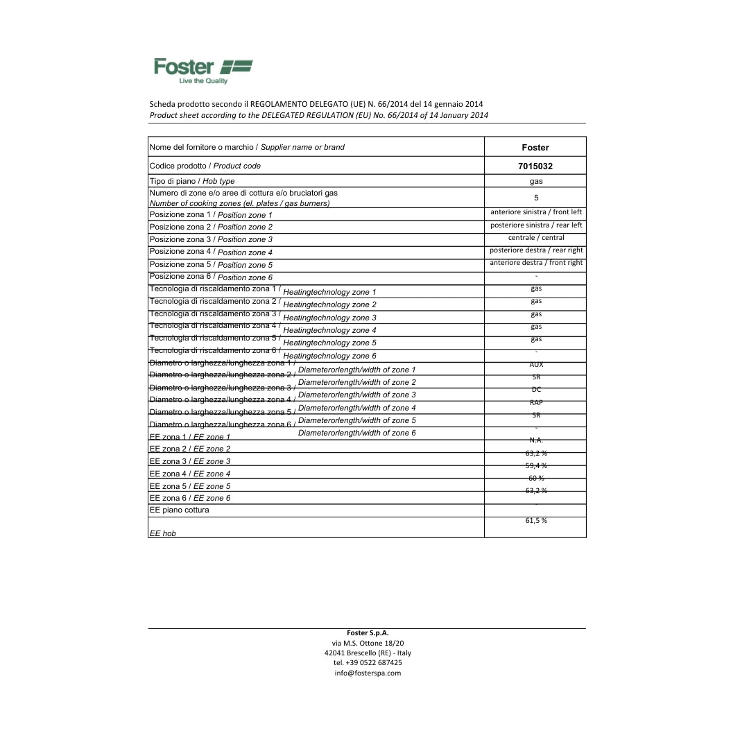 FOSTER POWER 7015032 Piano Cottura 5 Fuochi Gas Valvola Sicurezza Inox cm. 75 X 50