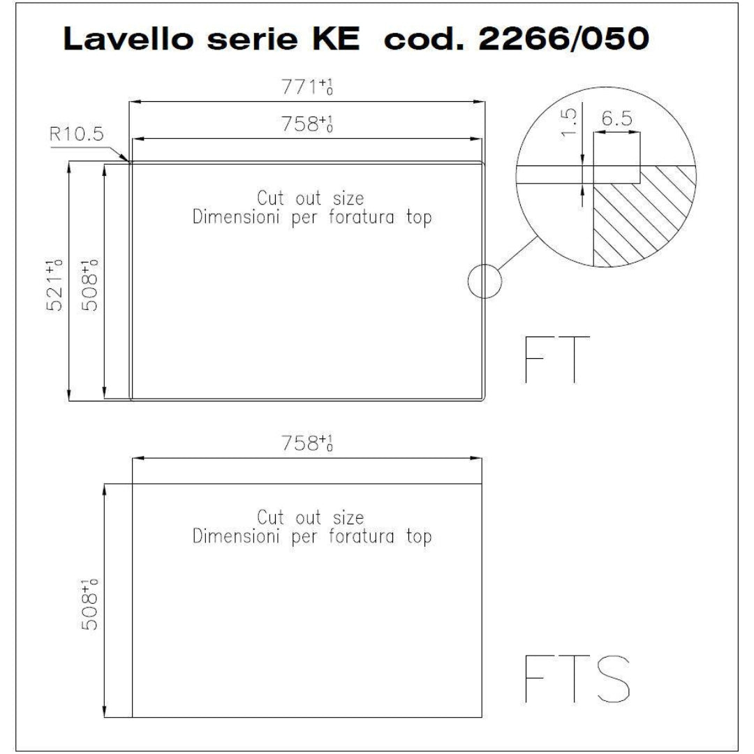FOSTER KE 2266050 Lavello 1 Vasca Grande Acciaio Inox Sopratop/Filotop cm. 77 x 52