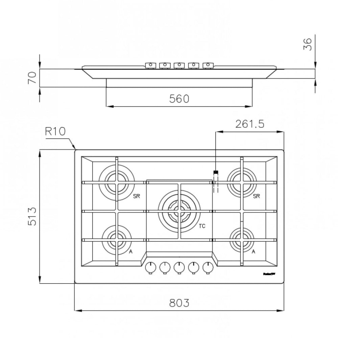 Foster KE 7601032 Piano Cottura da Incasso Filotop 5 Fuochi Gas Acciaio Inox Satinato Griglie in Ghisa cm. 80 x 51