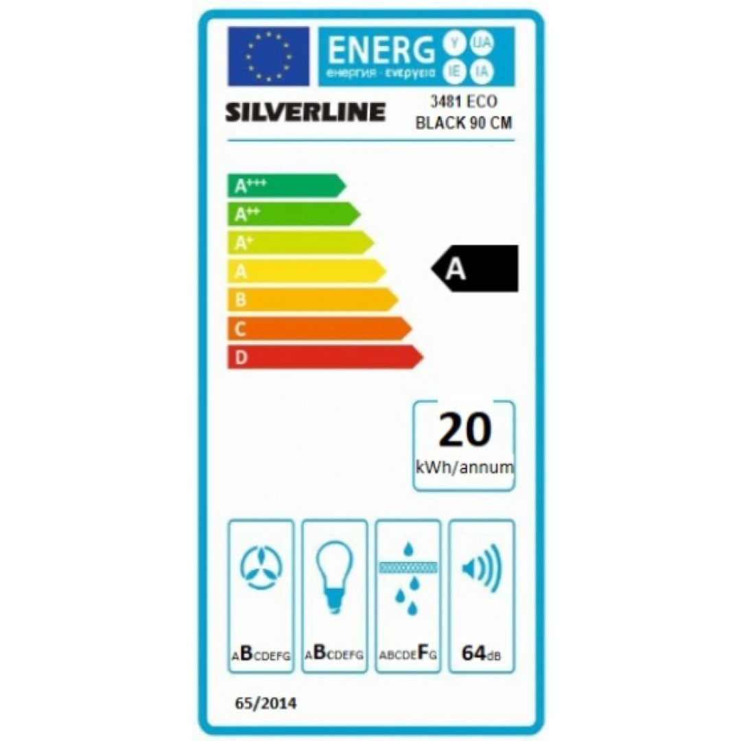 SILVERLINE ECO 3481.9.733.01 Cappa a Parete Aspirante Vetro Nero Luci LED cm. 89,6 x 34 x 65