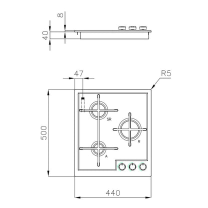 FOSTER VERONICA 7063052 Piano Cottura 3 Fuochi Inox Spazzolato Valvola Sicurezza Gas cm. 44 x 50