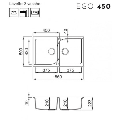 ELLECI EGO 400 LGE45048 Lavello 2 Vasche Granitek Matt Cemento 48 cm. 86x50