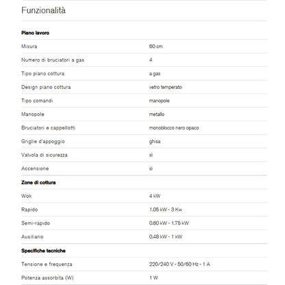F.LLI BERTAZZONI PROFESSIONAL P604LPROGNE Piano Cottura Gas 4 Fuochi Gas 1 Fuoco Tripla Corona Griglie in Ghisa Cristallo Nero cm. 60 x 52