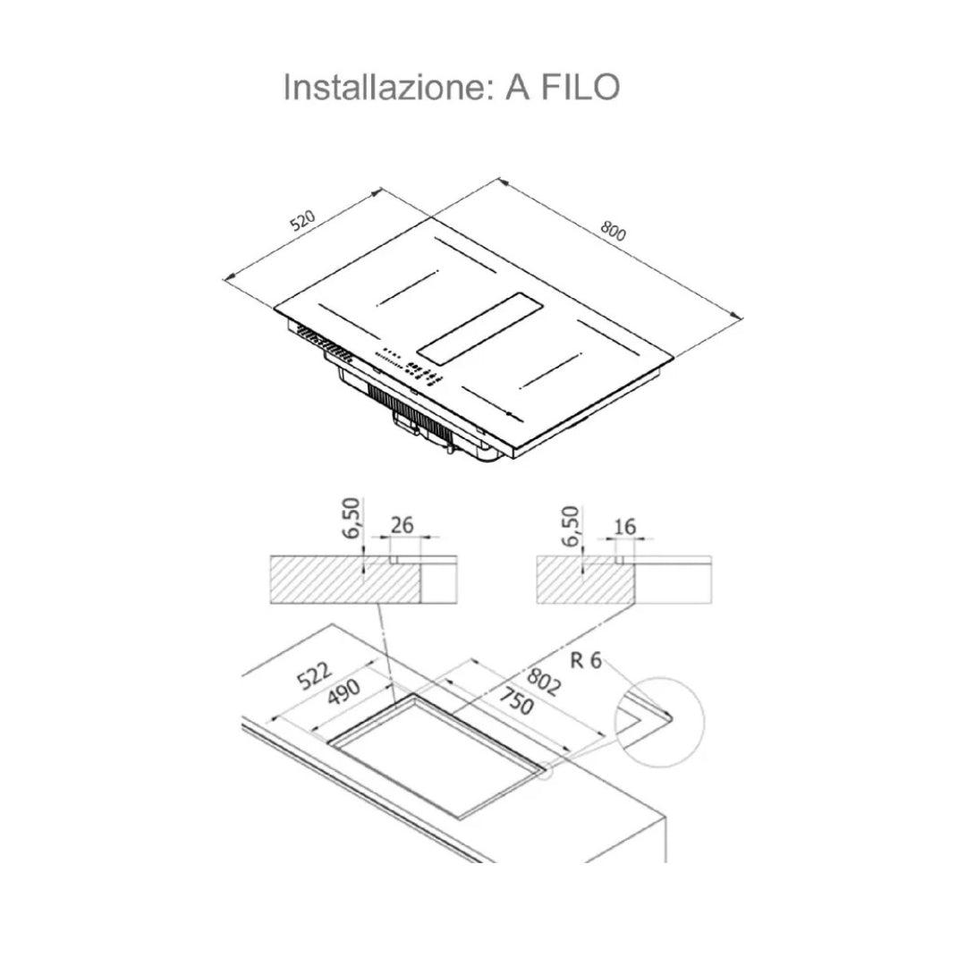 Galvamet 0EPRC080A468000 PERFECTO 80/A SMOKED SILVER Essence Edition Piano cottura Induzione Cappa Integrata 4 zone 700 m3/h, Bridge Classe A++ cm. 80 x 52