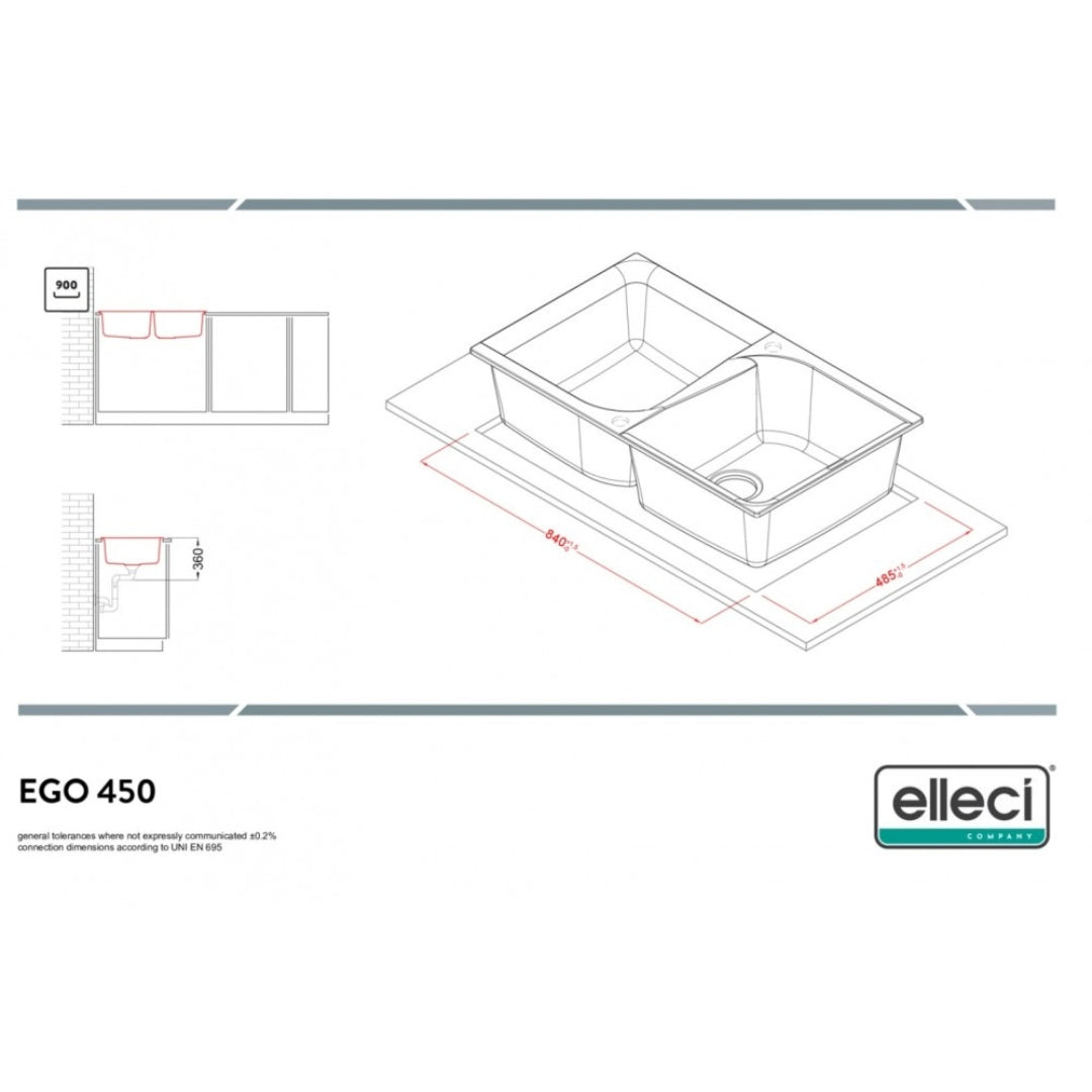 ELLECI EGO 400 LGE45048 Lavello 2 Vasche Granitek Matt Cemento 48 cm. 86x50