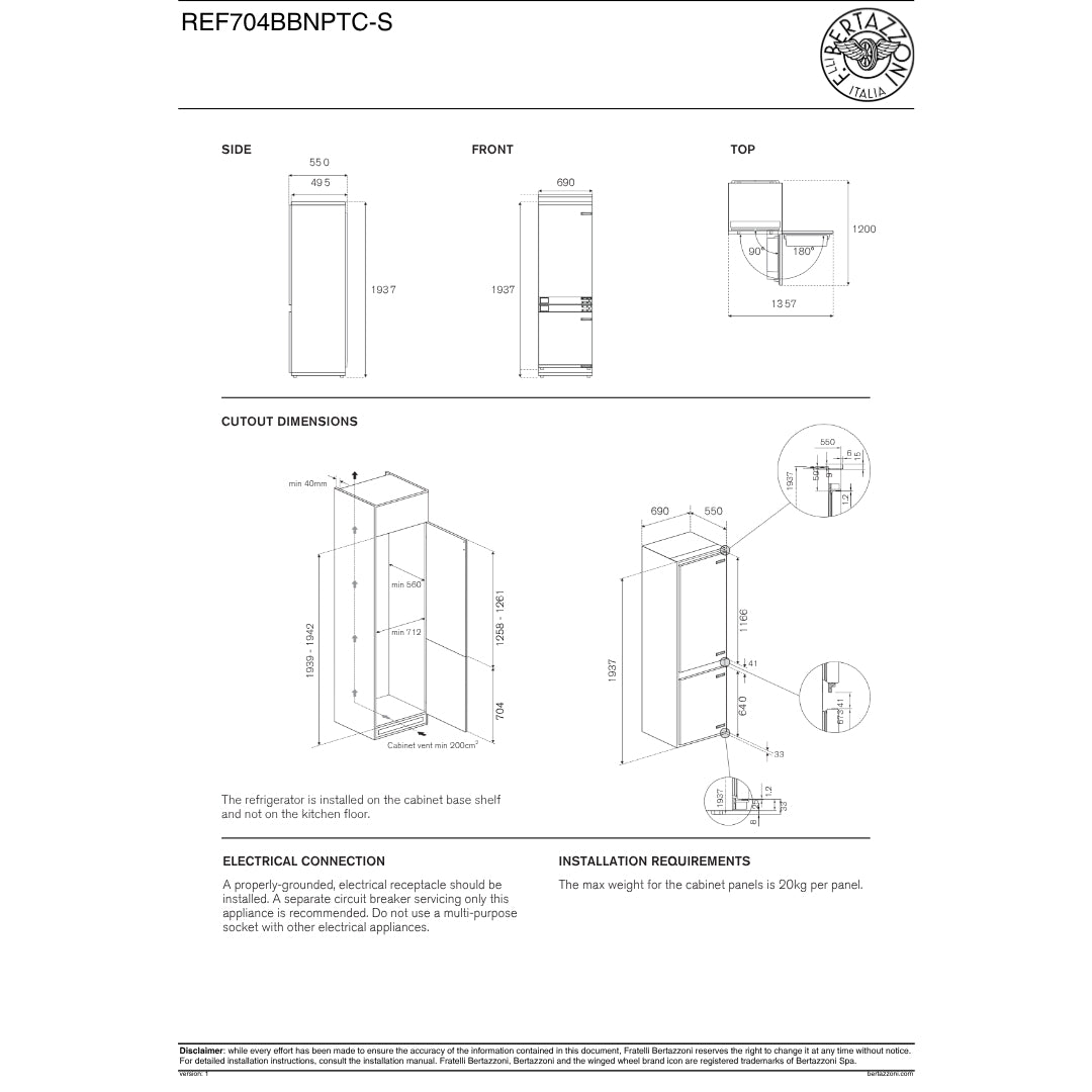 F.LLI BERTAZZONI REF704BBNPTC-S Frigorifero Combinato da Incasso Total No Frost cm. 193 x 69 x 55