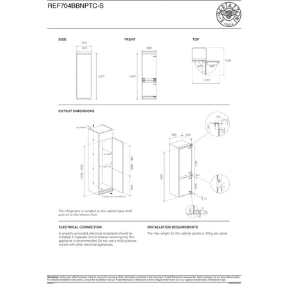 F.LLI BERTAZZONI REF704BBNPTC-S Frigorifero Combinato da Incasso Total No Frost cm. 193 x 69 x 55