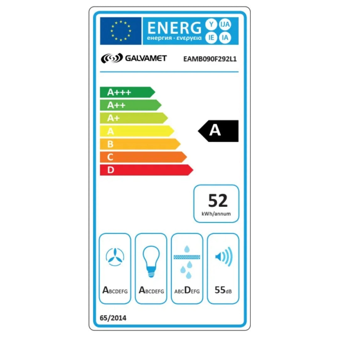 GALVAMET AMBIENT 90/F BLACK 0EAMB090F692 Cappa a Parete Filtrante 721 m³/h Inox e Vetro Nero Classe A cm. 90