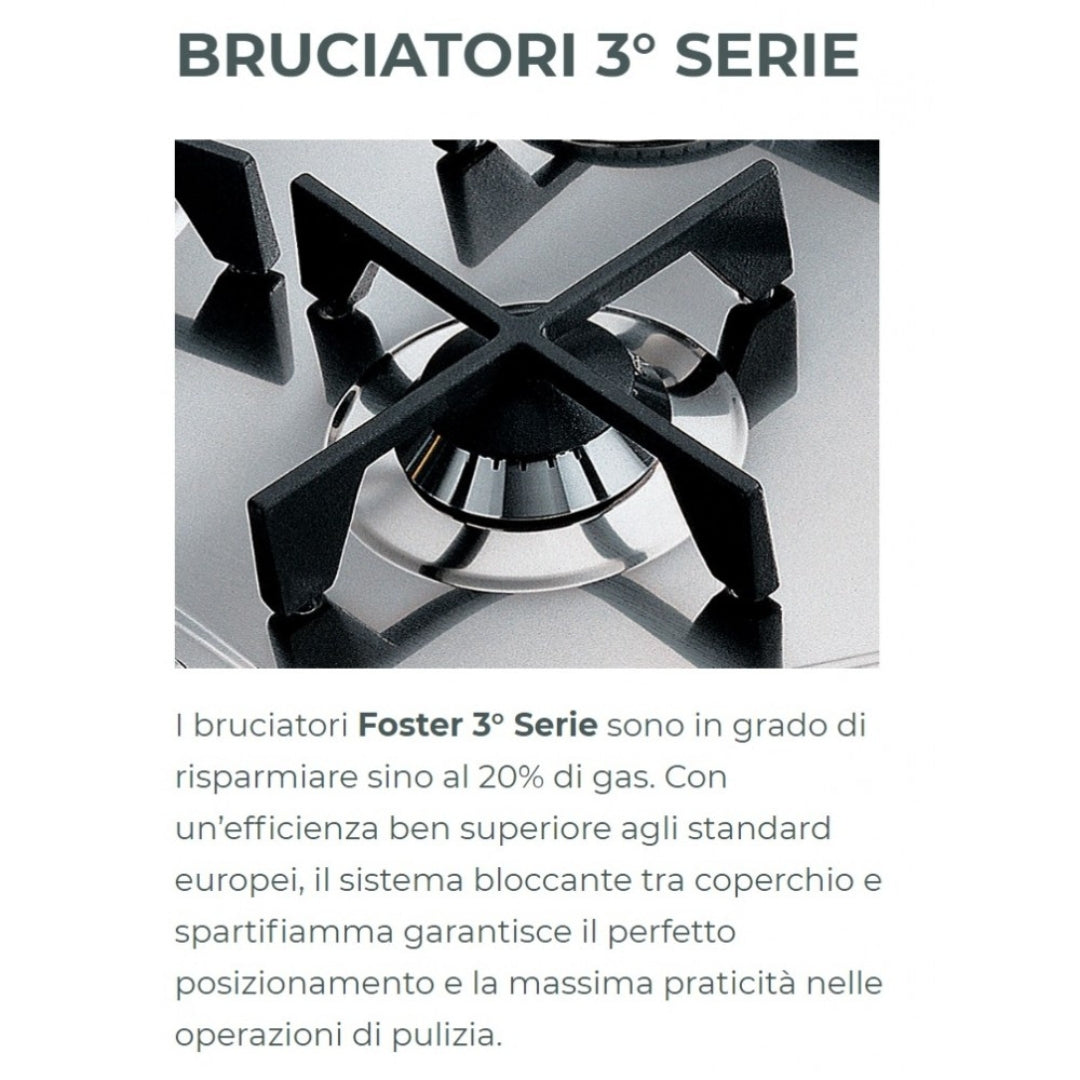 Foster KE 7601032 Piano Cottura da Incasso Filotop 5 Fuochi Gas Acciaio Inox Satinato Griglie in Ghisa cm. 80 x 51