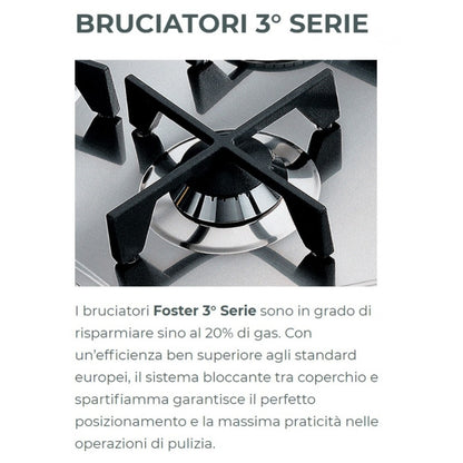 Foster KE 7601032 Piano Cottura da Incasso Filotop 5 Fuochi Gas Acciaio Inox Satinato Griglie in Ghisa cm. 80 x 51