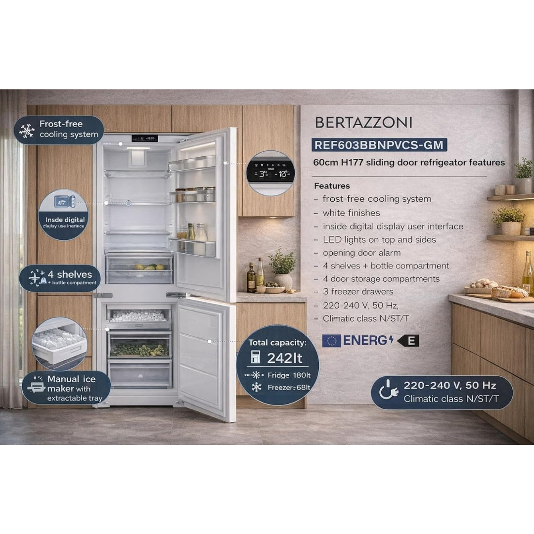 F.LLI BERTAZZONI PROFESSIONAL REF603BBNPVC-S Frigorifero Incasso No Frost 242 Lt. Classe E cm. 178 x 54 x 55