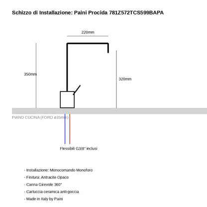 PAINI PROCIDA 781Z572TCS599BAPA Rubinetto Cucina Canna Girevole Monocomando Antracite