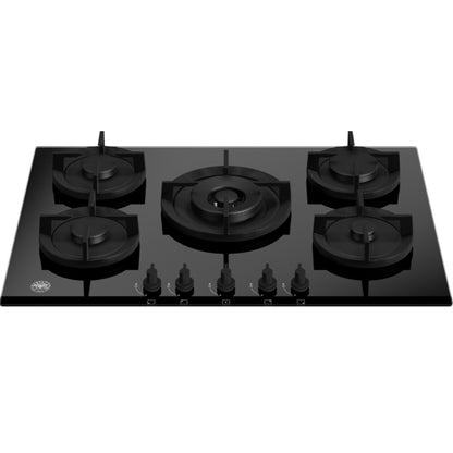 F.LLI BERTAZZONI MODERN P755CMODGNE Piano Cottura 5 Fuochi Gas con 1 Tripla Corona Centrale Valvole Sicurezza Cristallo Nero cm. 75 x 52