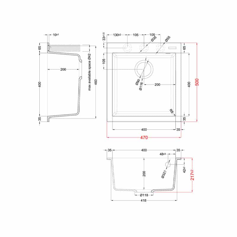 ELLECI QUADRA 102 LGQ10240 Lavello Incasso 1 Vasca Nero Opaco Granitek cm. 47 x 50