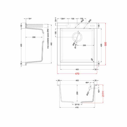 ELLECI QUADRA 102 LGQ10240 Lavello Incasso 1 Vasca Nero Opaco Granitek cm. 47 x 50