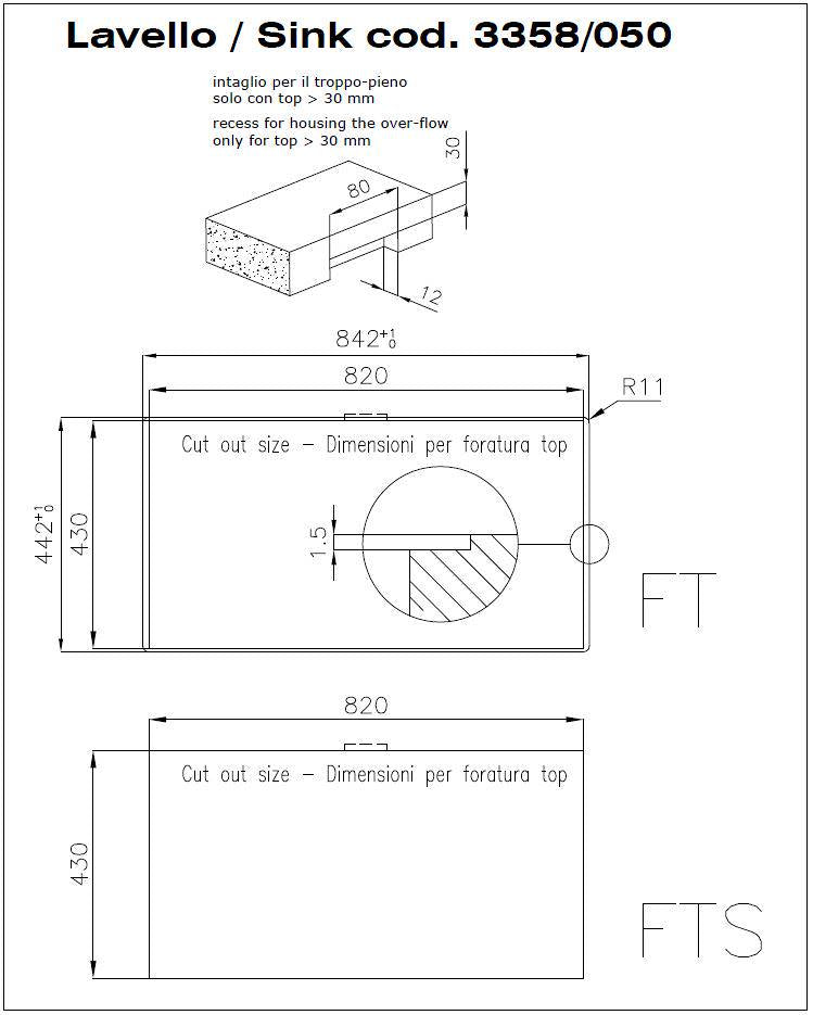 Foster S4001 3358050 Lavello Incasso Filotop 1 Vasca Inox Spazzolato cm. 84 x 44