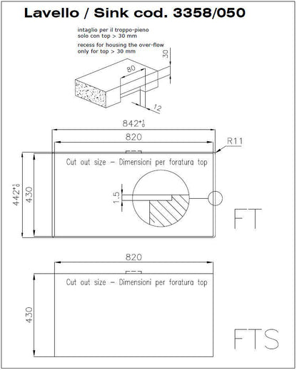 Foster S4001 3358050 Lavello Incasso Filotop 1 Vasca Inox Spazzolato cm. 84 x 44