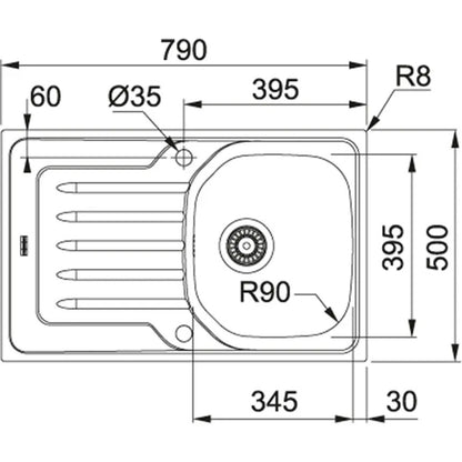 FRANKE ONDA LINE 101.0180.189 Lavello Incasso 1 Vasca Gocciolatoio Sinistra cm. 79 × 50