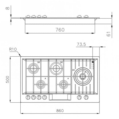 FOSTER FL 7201032 Piano Cottura Gas Incasso 5 Fuochi Acciaio Inox Satinato Griglie in Ghisa Dual 5 Kw cm. 86 x 50