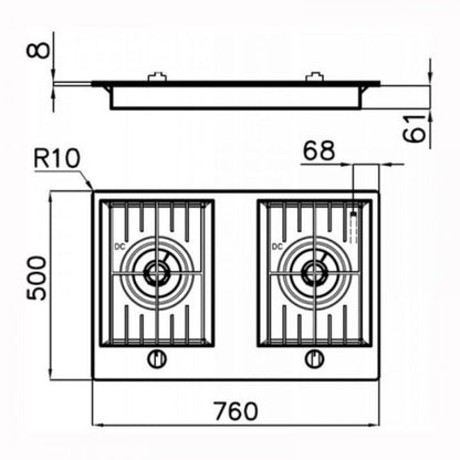 FOSTER 7203032 Piano Cottura Gas 2 Fuochi Inox Satinato Griglie Ghisa Dual 5 Kw cm. 76 x 50